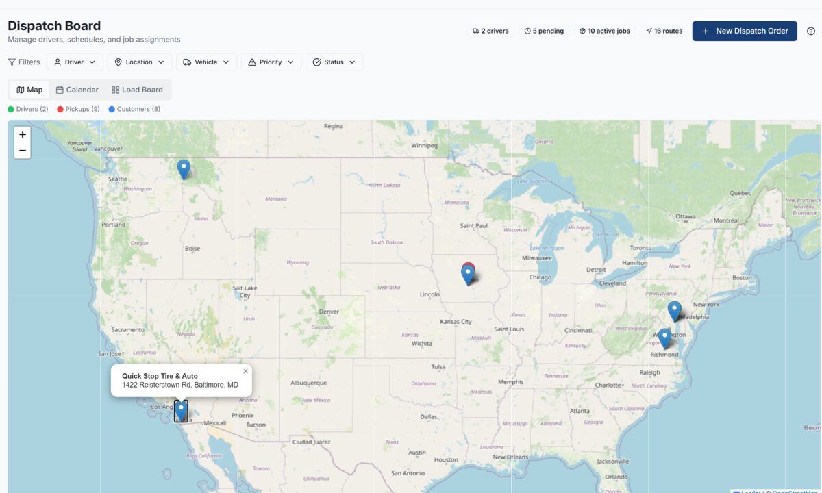 RecWaste dispatch board with map view showing drivers, pickups, and customer locations across the US