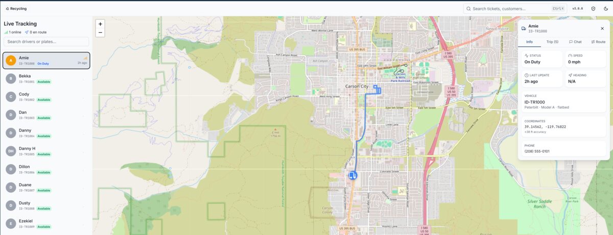 RecWaste live tracking map showing driver positions with trip history and vehicle details